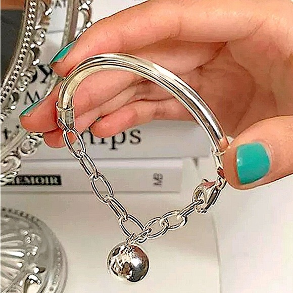 Sterling Silver Chain Link Ball Drop Bangle Bracelet - Picture 4 of 7
